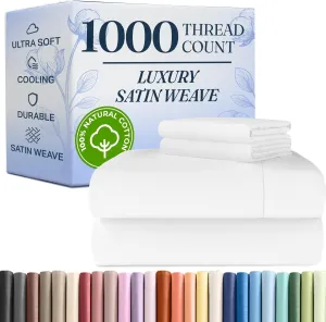 1000 Thread Count Queen Sheet Set - 100% Cotton Bed Sheets - Softer Than Egyptian Cotton - 4-Piece White Queen Set - Soft Sateen Weave - Hotel Luxury Bedding, 16" Deep Pocket Fits up to 17" Mattresses