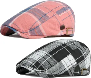 2 Pack Men's Newsboy Flat Cap Adjustable Plaid Ivy Gatsby Cabbie Driving Golf Hat Beret