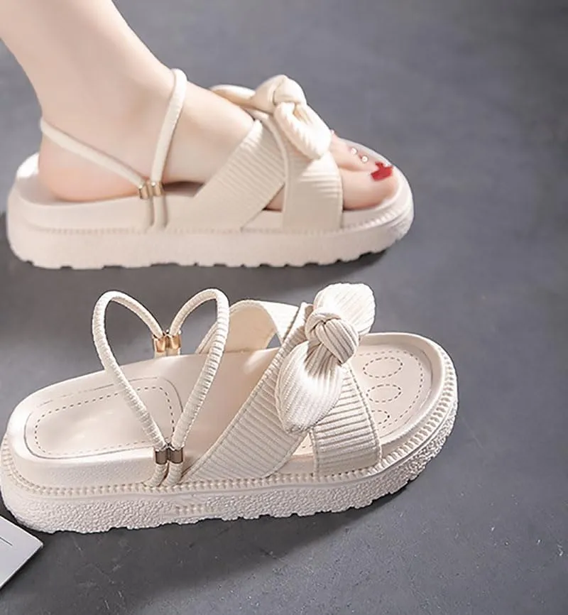 2025 New Bow Tie Sandals For Women Flat, Summer Fashion Casual Platform Sandals, Soft And Comfortable Slip-On Slipper