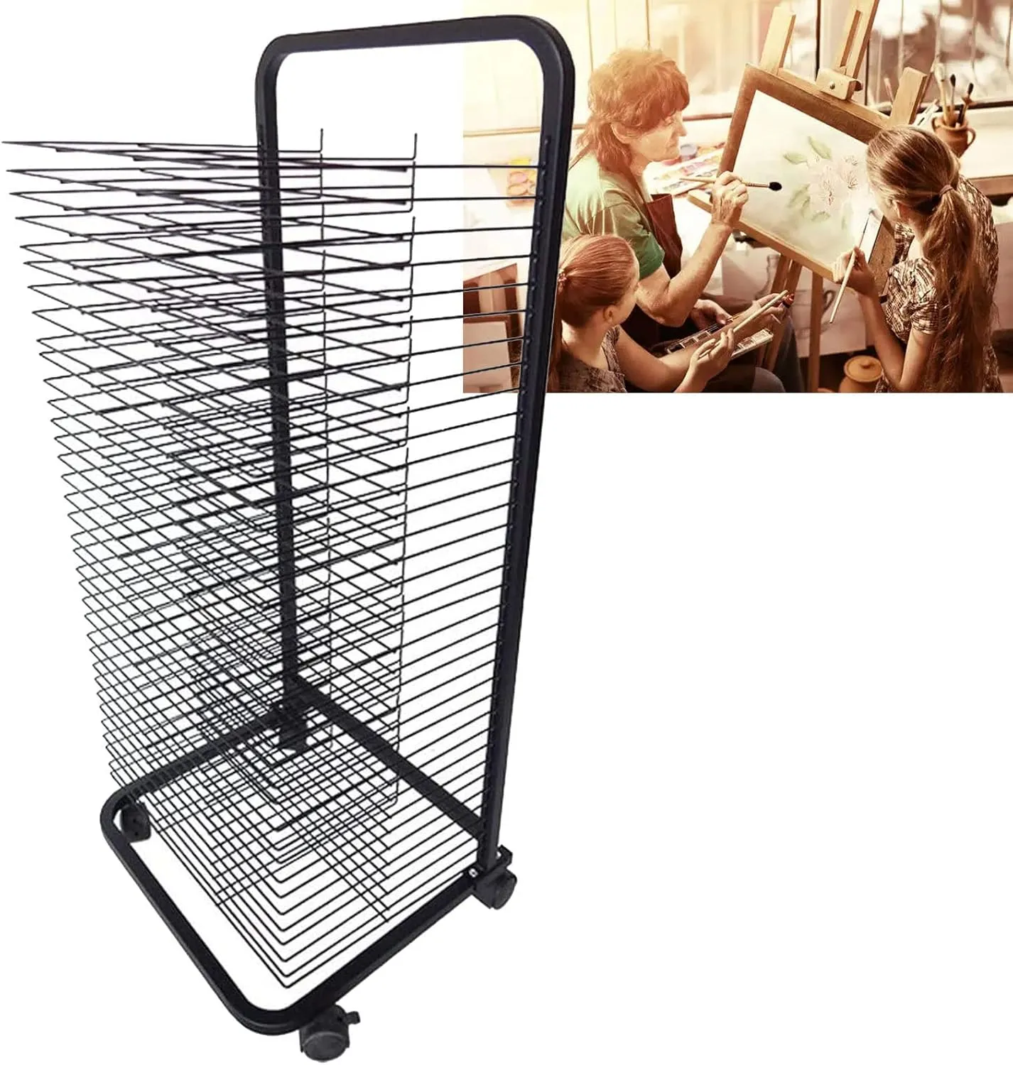 35 Floors Mobile Art Drying Rack, 35 Flexible Shelves, Suitable for Kindergarten, Art Studio and Early Learning Centre, Solid Metal Wire Mesh Easel