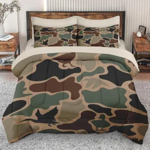 5Pcs Comforter Set Twin Size, Duck Hunter Camouflage Hunting Birds, Bedding Set Green Military Army Camo Bed Set with Flat Sheet Fitted Sheet Shams for Kids and Adults