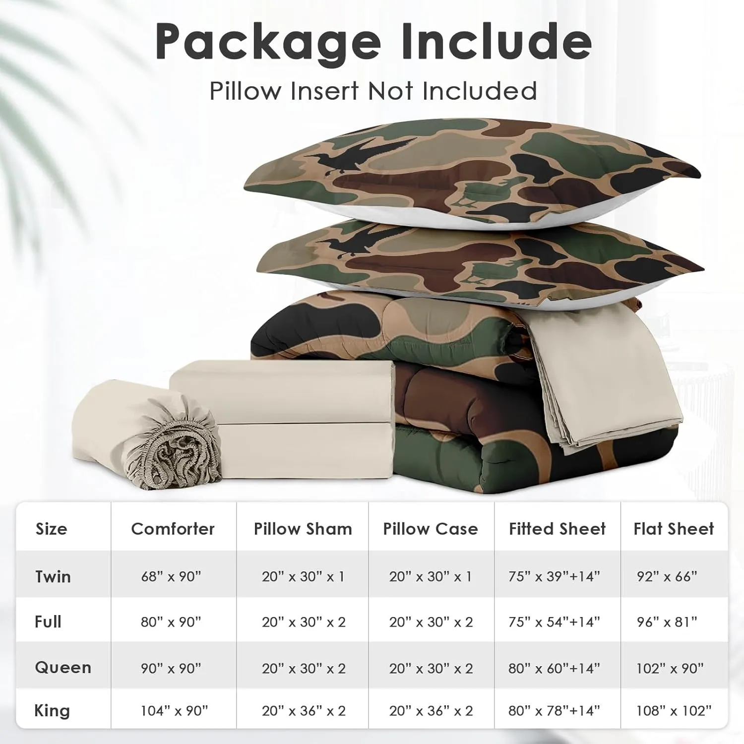 5Pcs Comforter Set Twin Size, Duck Hunter Camouflage Hunting Birds, Bedding Set Green Military Army Camo Bed Set with Flat Sheet Fitted Sheet Shams for Kids and Adults