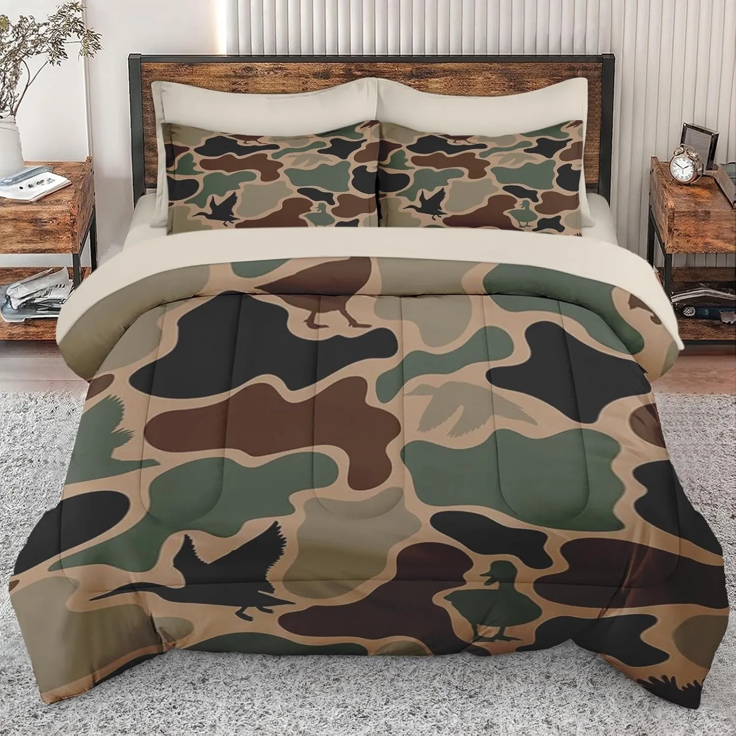 5Pcs Comforter Set Twin Size, Duck Hunter Camouflage Hunting Birds, Bedding Set Green Military Army Camo Bed Set with Flat Sheet Fitted Sheet Shams for Kids and Adults