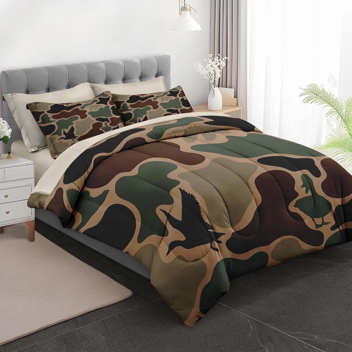 5Pcs Comforter Set Twin Size, Duck Hunter Camouflage Hunting Birds, Bedding Set Green Military Army Camo Bed Set with Flat Sheet Fitted Sheet Shams for Kids and Adults