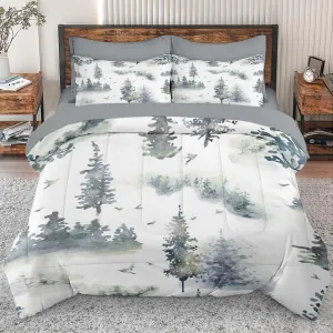 7 Pcs Comforter Set Queen Size, Tree Pine Birds Bed in a Bag with Flat and Fitted Sheet for Kids and Adults, Woodland Christmas Winter Bedding Set with 2 Pillowcases & 2 Shams