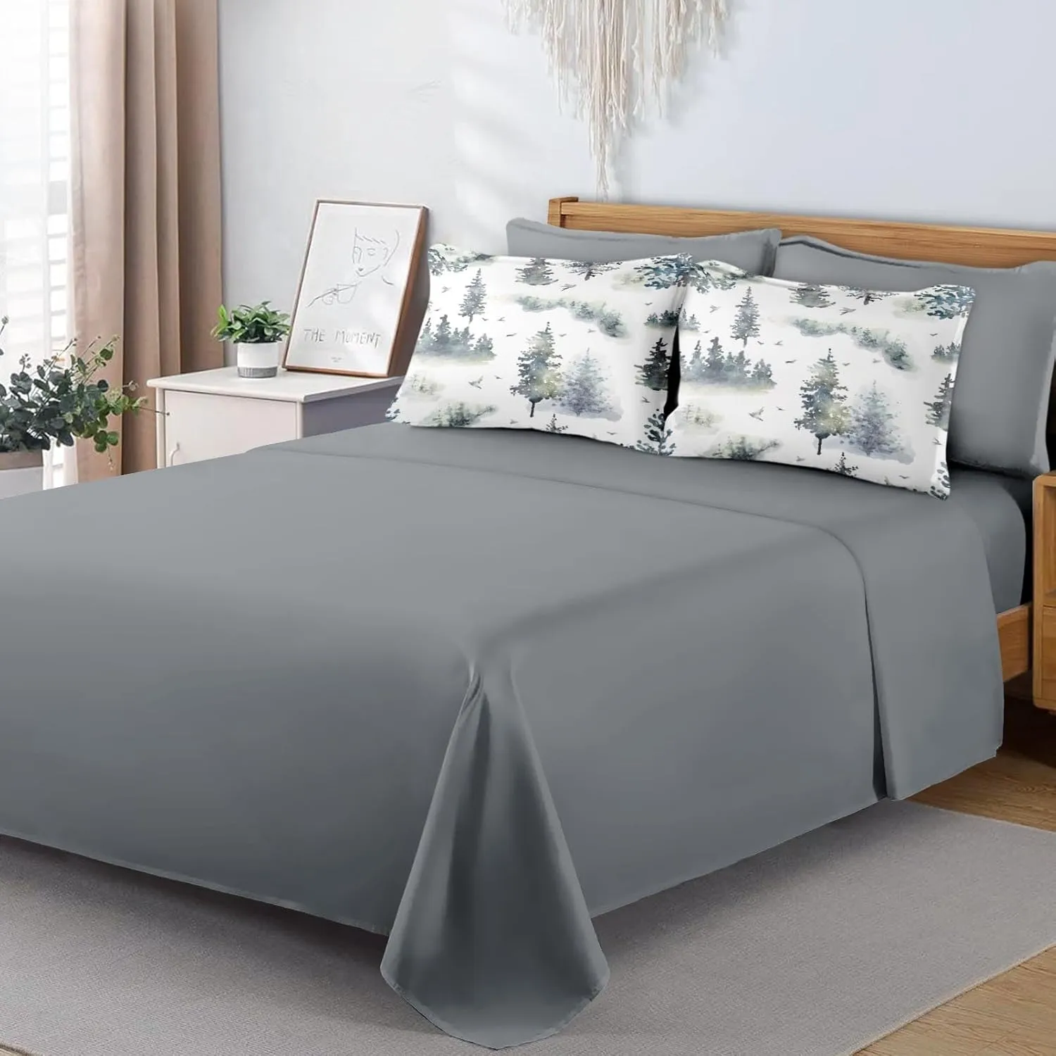 7 Pcs Comforter Set Queen Size, Tree Pine Birds Bed in a Bag with Flat and Fitted Sheet for Kids and Adults, Woodland Christmas Winter Bedding Set with 2 Pillowcases & 2 Shams