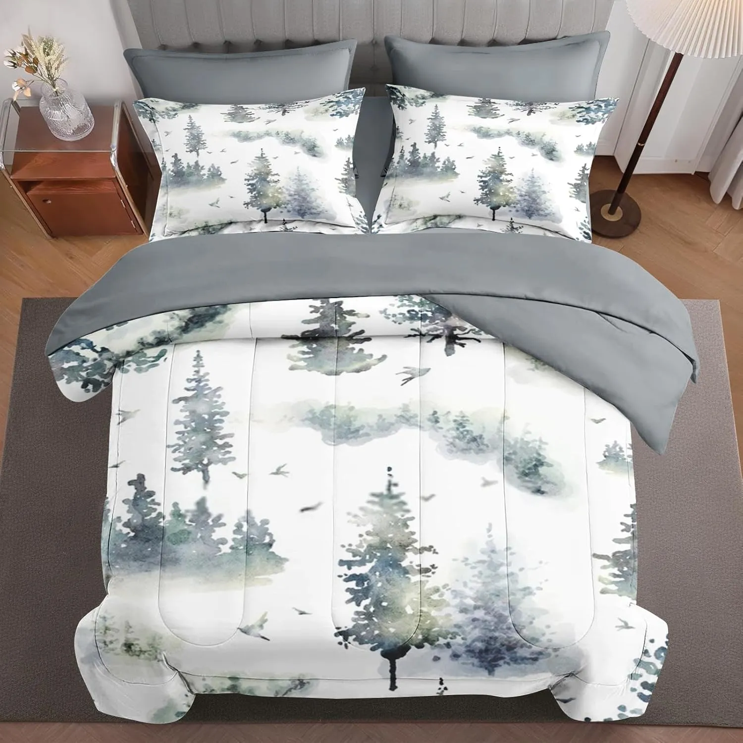 7 Pcs Comforter Set Queen Size, Tree Pine Birds Bed in a Bag with Flat and Fitted Sheet for Kids and Adults, Woodland Christmas Winter Bedding Set with 2 Pillowcases & 2 Shams