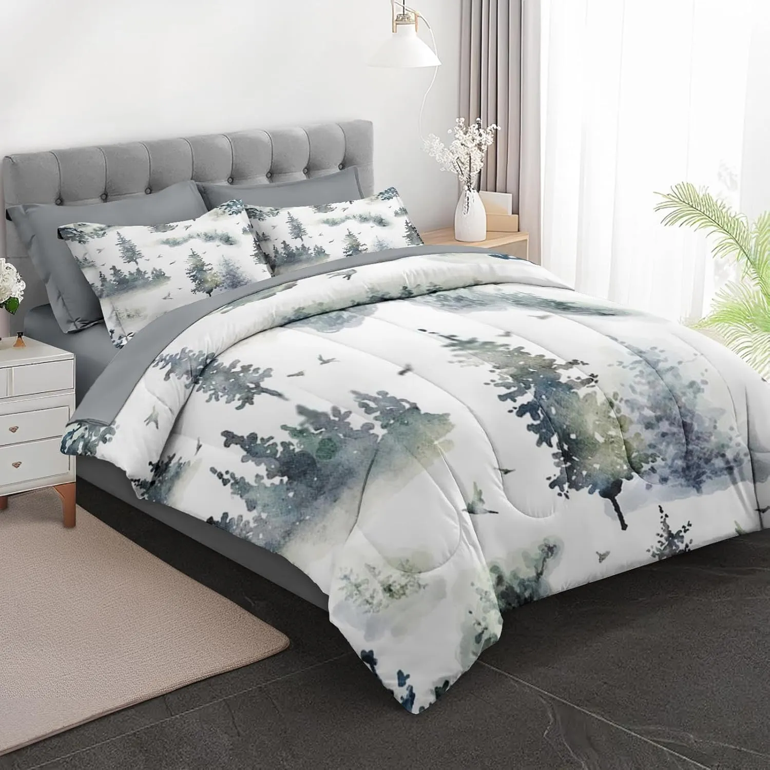 7 Pcs Comforter Set Queen Size, Tree Pine Birds Bed in a Bag with Flat and Fitted Sheet for Kids and Adults, Woodland Christmas Winter Bedding Set with 2 Pillowcases & 2 Shams