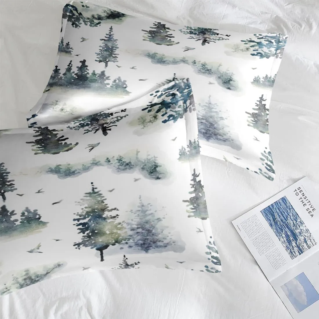7 Pcs Comforter Set Queen Size, Tree Pine Birds Bed in a Bag with Flat and Fitted Sheet for Kids and Adults, Woodland Christmas Winter Bedding Set with 2 Pillowcases & 2 Shams