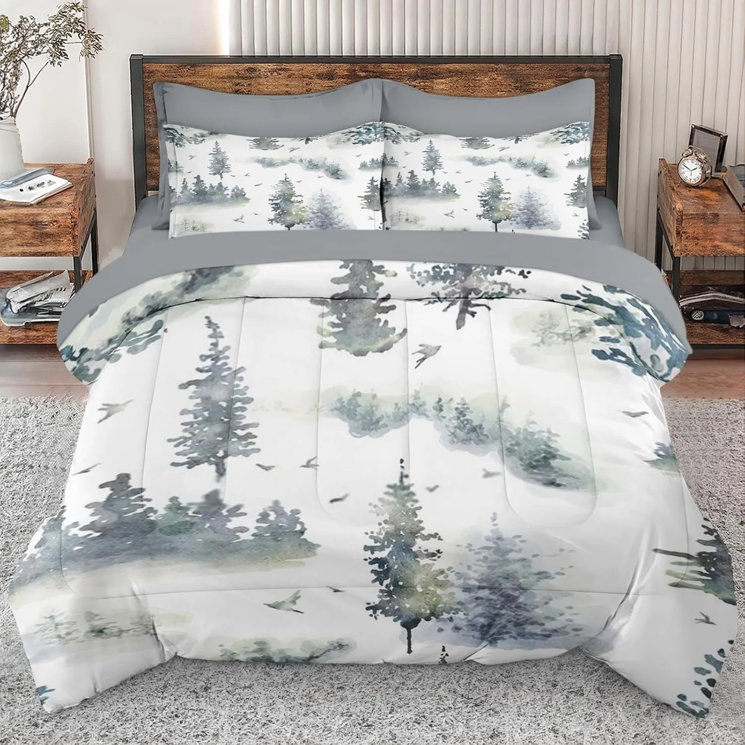 7 Pcs Comforter Set Queen Size, Tree Pine Birds Bed in a Bag with Flat and Fitted Sheet for Kids and Adults, Woodland Christmas Winter Bedding Set with 2 Pillowcases & 2 Shams