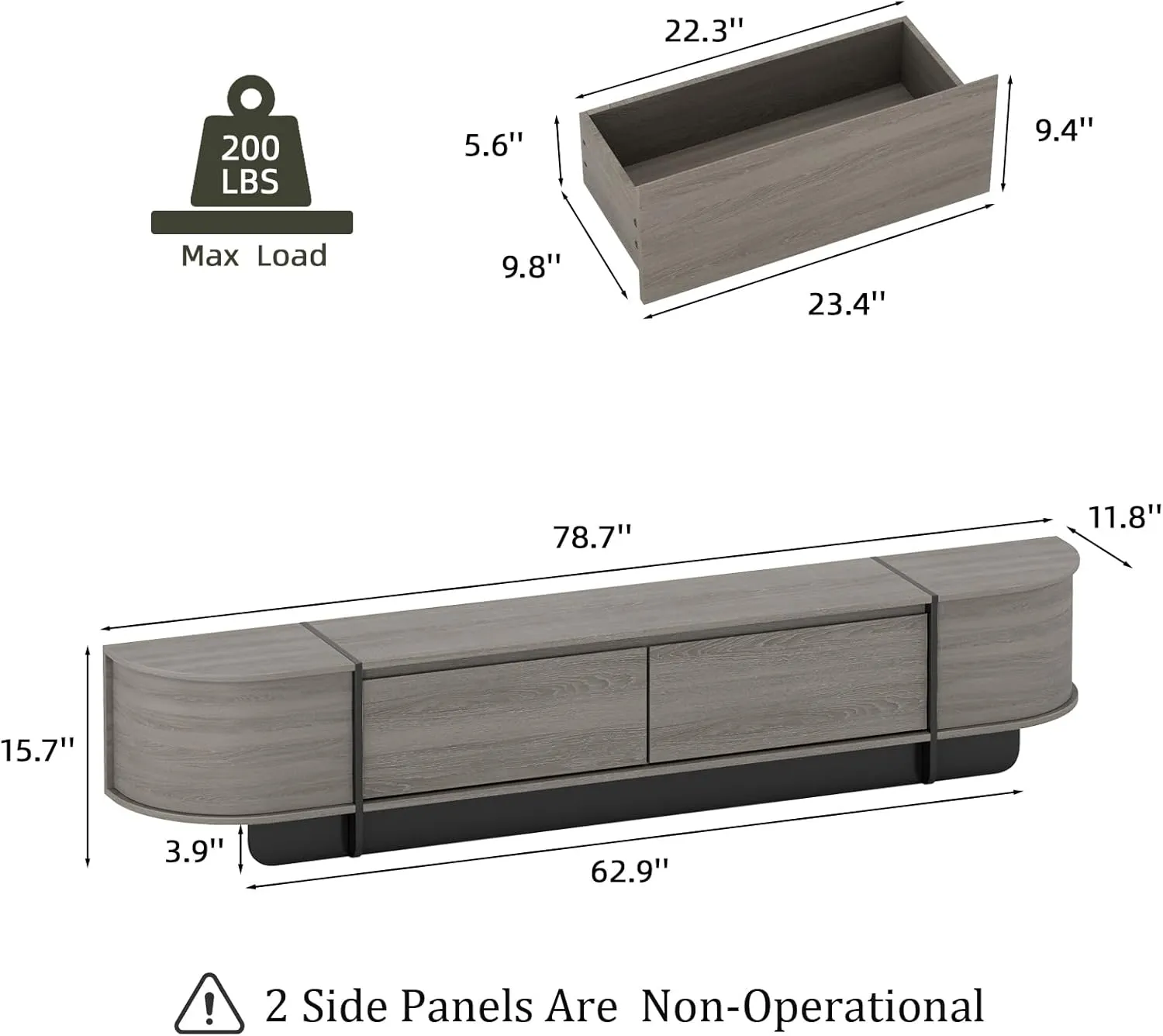 78.7'' Modern TV Stand for 55-85 Inch, Long Wooden TV Console with Drawers, Modern Entertainment Center with Large Storage, Curved Round Edge Media Cabinet for Living Room, Bedroom, (Grey)