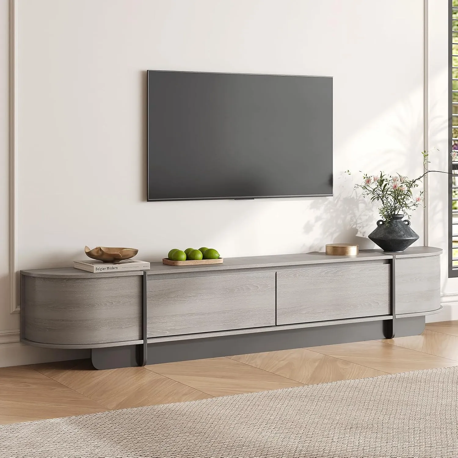 78.7'' Modern TV Stand for 55-85 Inch, Long Wooden TV Console with Drawers, Modern Entertainment Center with Large Storage, Curved Round Edge Media Cabinet for Living Room, Bedroom, (Grey)