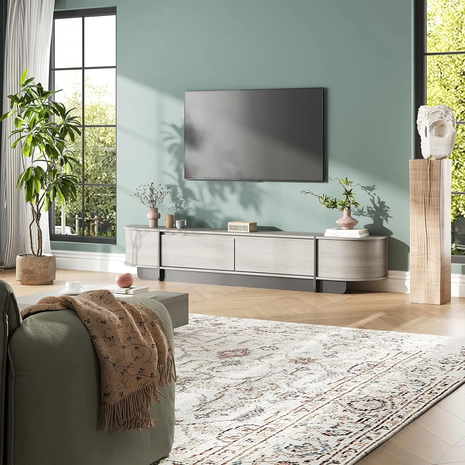 78.7'' Modern TV Stand for 55-85 Inch, Long Wooden TV Console with Drawers, Modern Entertainment Center with Large Storage, Curved Round Edge Media Cabinet for Living Room, Bedroom, (Grey)