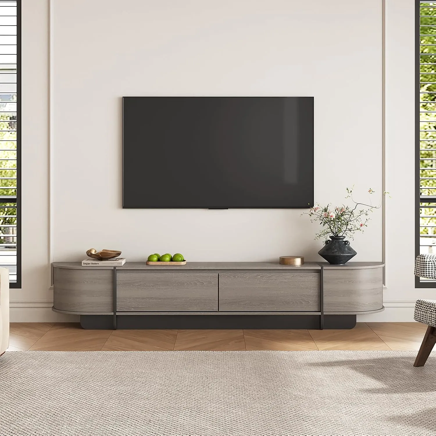 78.7'' Modern TV Stand for 55-85 Inch, Long Wooden TV Console with Drawers, Modern Entertainment Center with Large Storage, Curved Round Edge Media Cabinet for Living Room, Bedroom, (Grey)