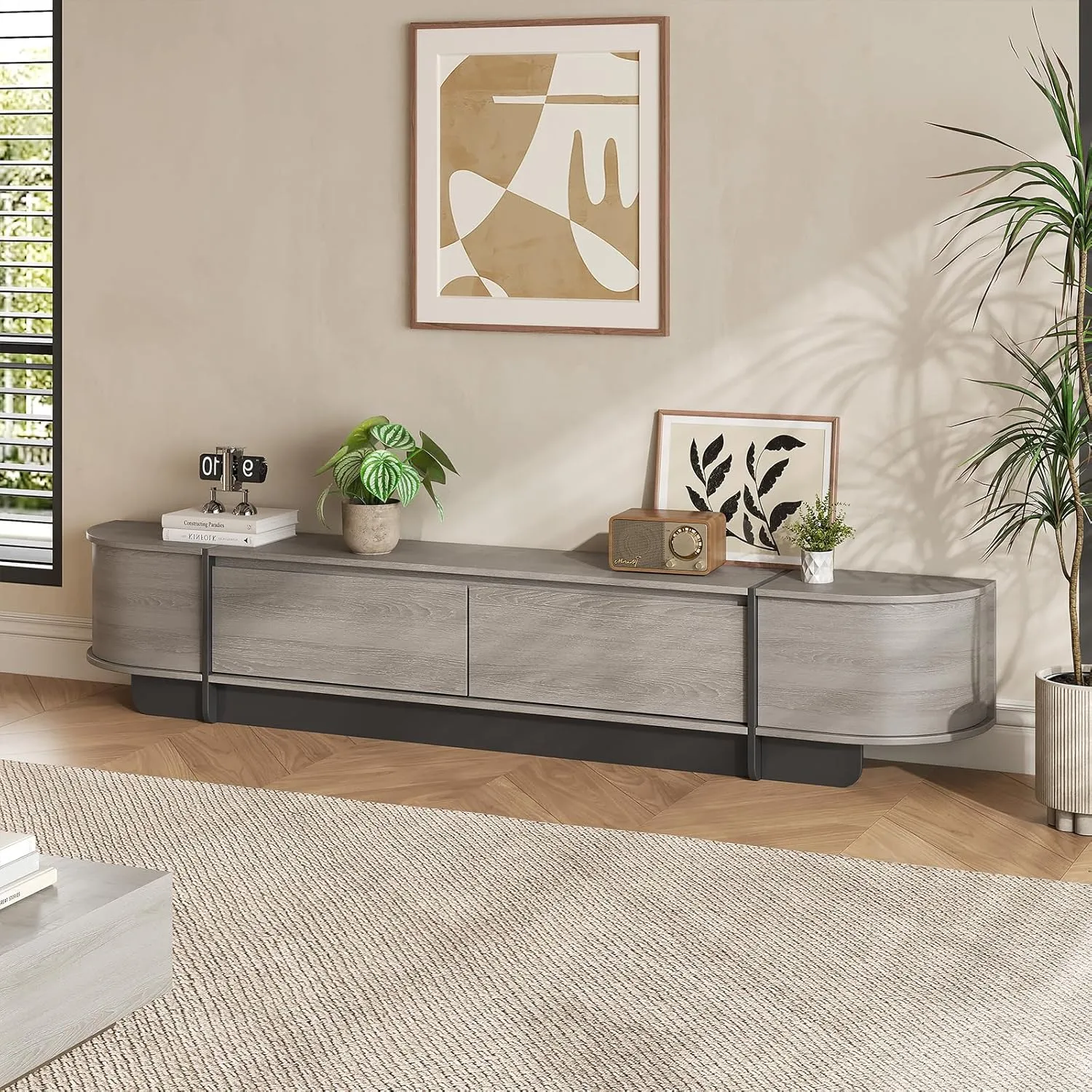 78.7'' Modern TV Stand for 55-85 Inch, Long Wooden TV Console with Drawers, Modern Entertainment Center with Large Storage, Curved Round Edge Media Cabinet for Living Room, Bedroom, (Grey)
