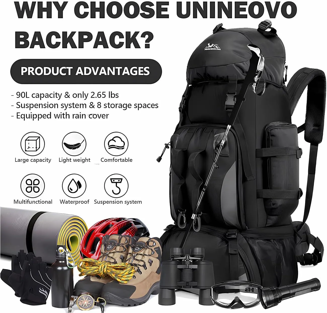 90L Waterproof Hiking Backpack for Men – Large Capacity Lightweight Adjustable Straps – Trekking Camping Travel Red,90L