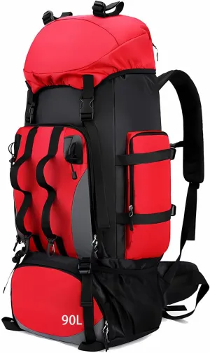 90L Waterproof Hiking Backpack for Men – Large Capacity Lightweight Adjustable Straps – Trekking Camping Travel Red,90L