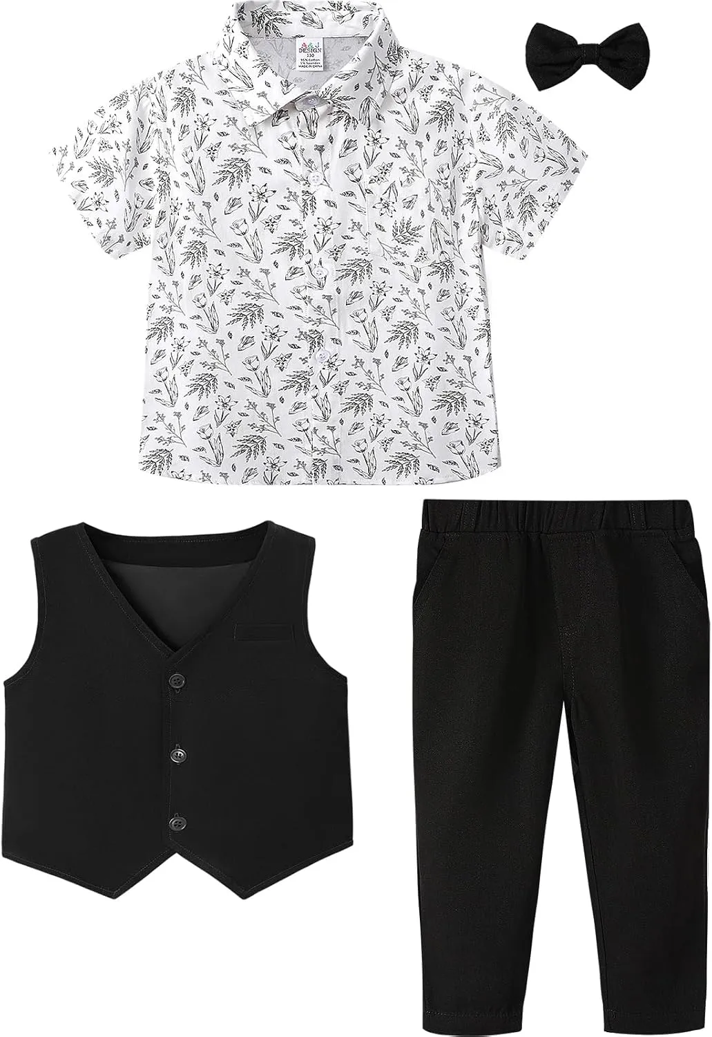 A&J DESIGN 4pcs Baby & Toddler Boy Suit Print Shirt Set for 12 Months - 5T, Shirt & Pants & Vest & Bow Tie