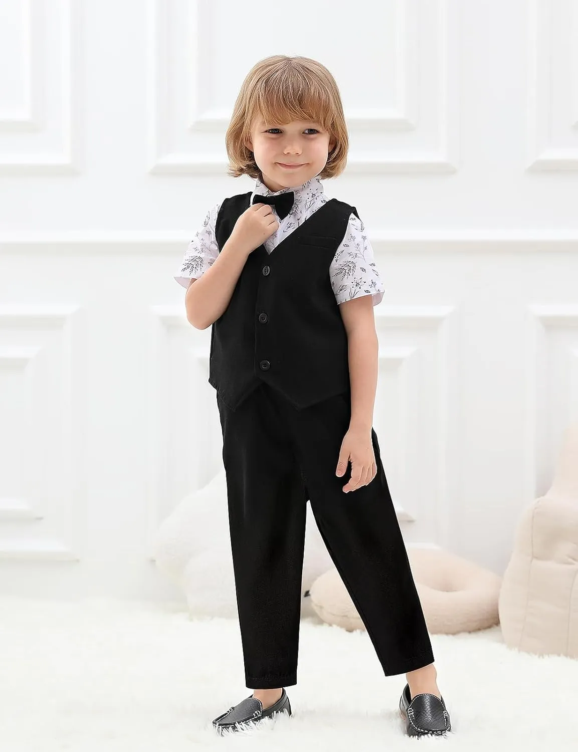 A&J DESIGN 4pcs Baby & Toddler Boy Suit Print Shirt Set for 12 Months - 5T, Shirt & Pants & Vest & Bow Tie