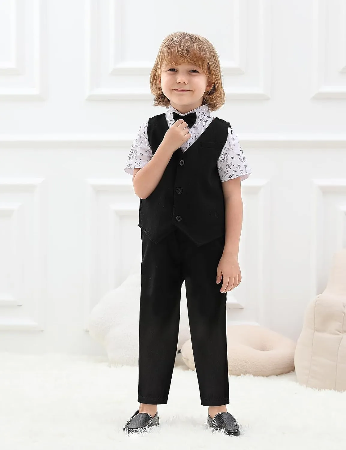 A&J DESIGN 4pcs Baby & Toddler Boy Suit Print Shirt Set for 12 Months - 5T, Shirt & Pants & Vest & Bow Tie