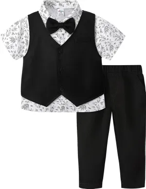 A&J DESIGN 4pcs Baby & Toddler Boy Suit Print Shirt Set for 12 Months - 5T, Shirt & Pants & Vest & Bow Tie