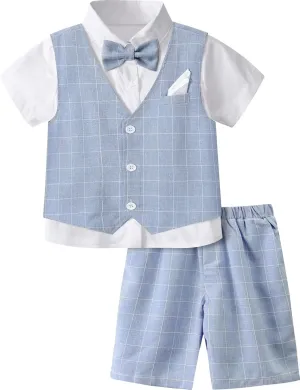 A&J DESIGN Boys' 3-Piece Suits Set Vest & Pocket Square & Shorts & Bow Tie (4-11 Years)