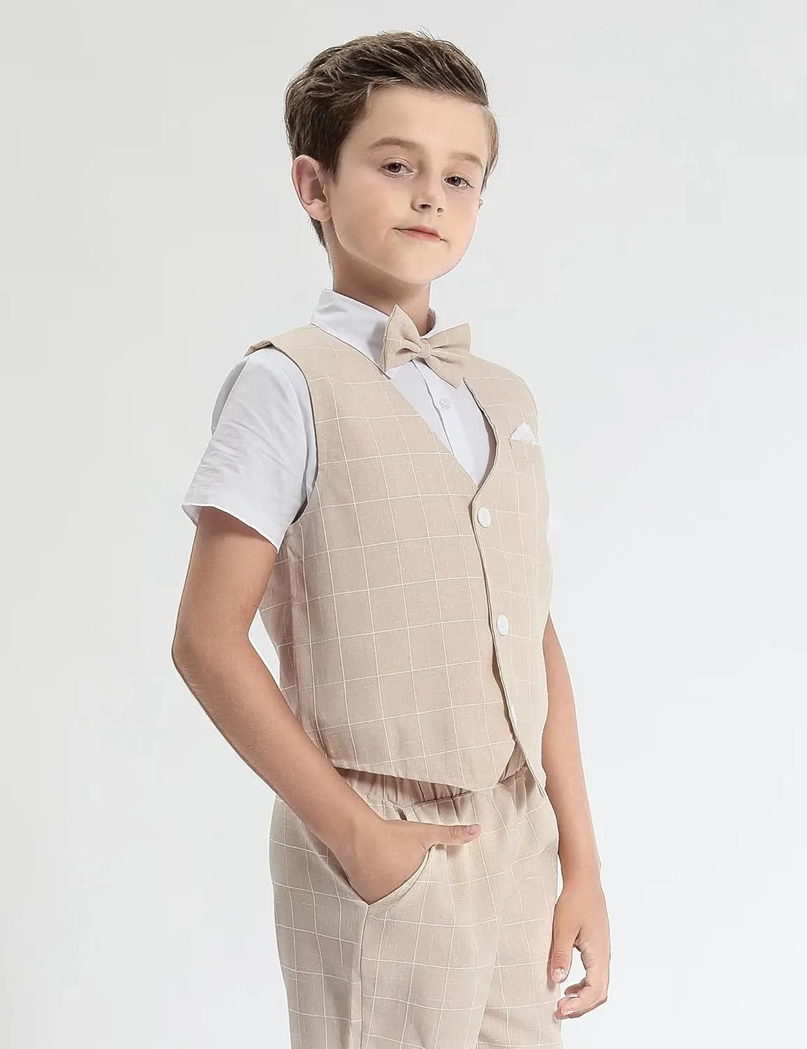 A&J DESIGN Boys' 3-Piece Suits Set Vest & Pocket Square & Shorts & Bow Tie (4-11 Years)