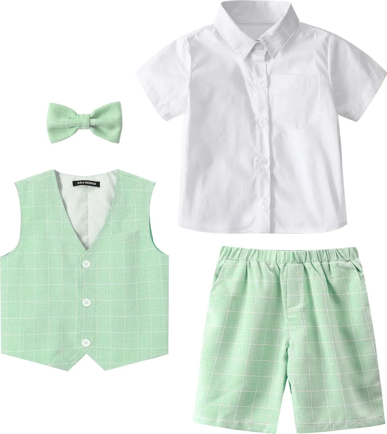A&J DESIGN Boys Short Suit Set 3 Pieces Kids Formal Gentleman Outfit, 4-11 Years, Shirt   Vest   Shorts   Bow Tie