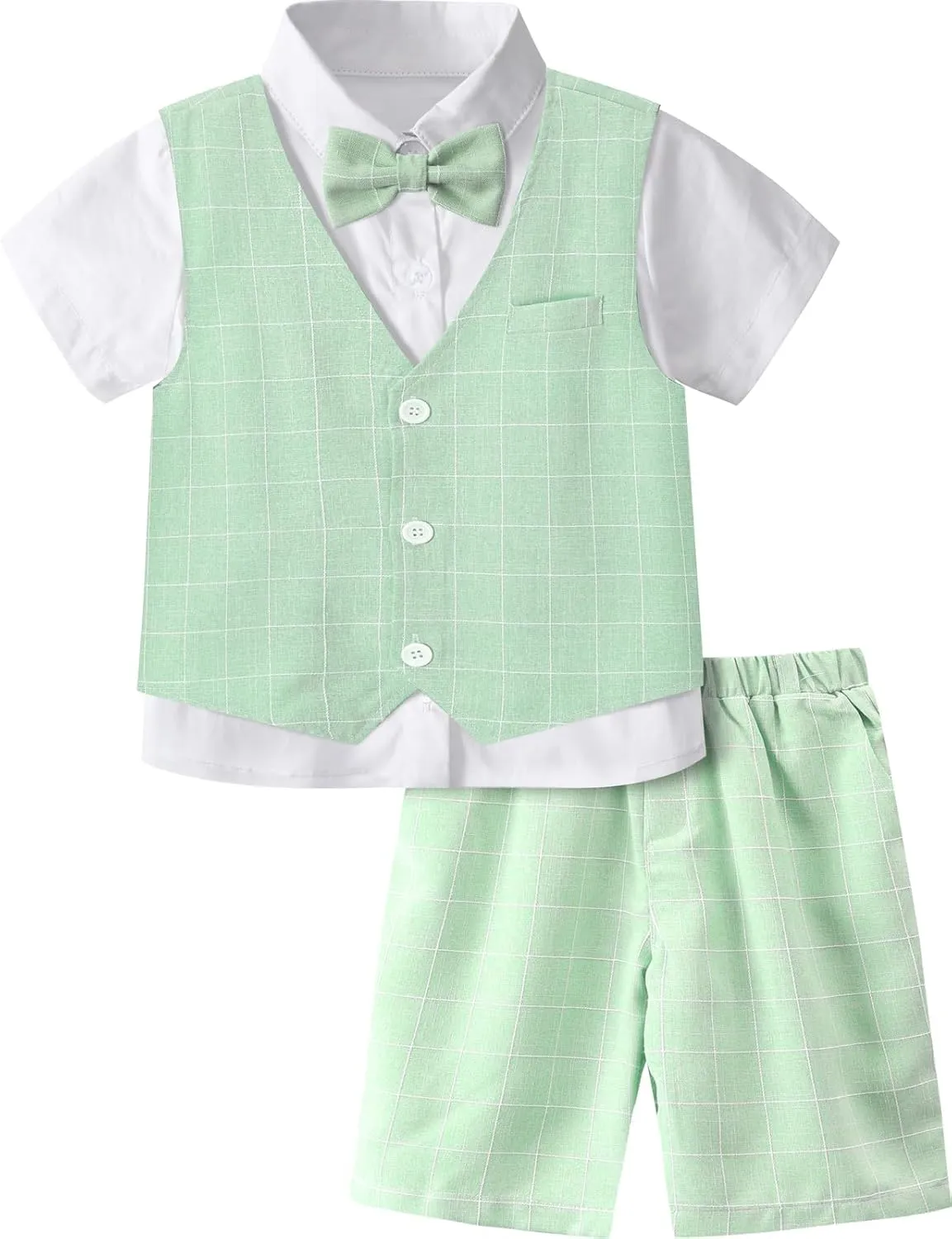 A&J DESIGN Boys Short Suit Set 3 Pieces Kids Formal Gentleman Outfit, 4-11 Years, Shirt   Vest   Shorts   Bow Tie