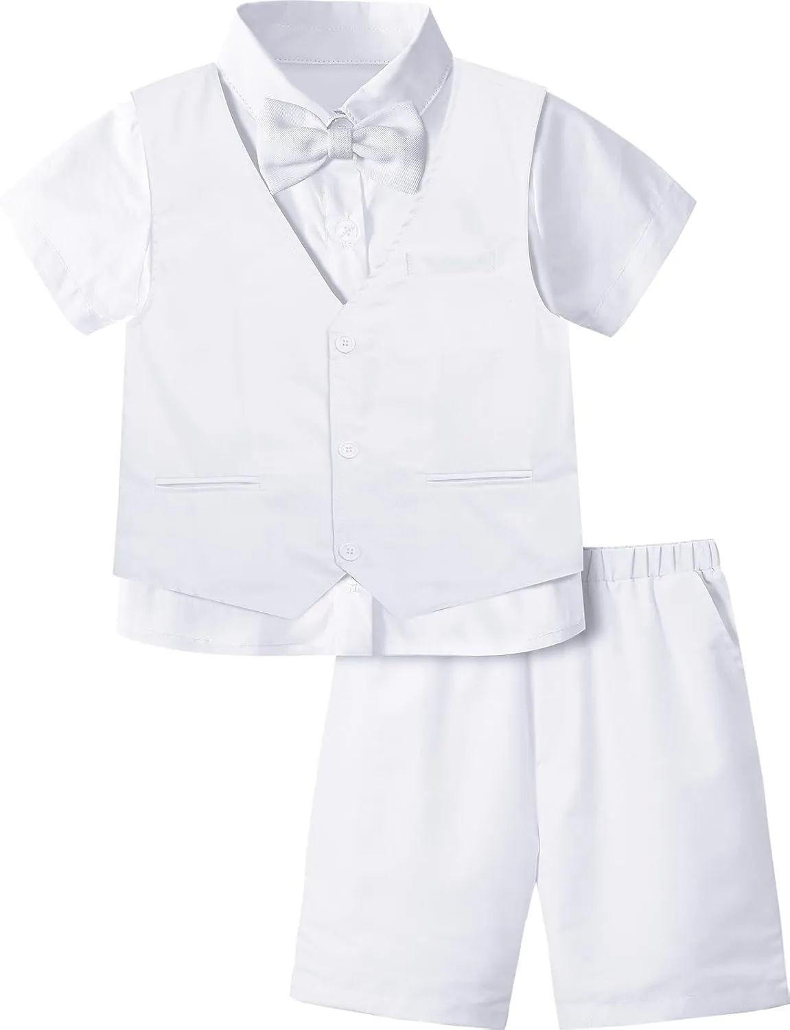 A&J DESIGN Boys Short Suit Set 3 Pieces Kids Formal Gentleman Outfit, 4-11 Years, Shirt   Vest   Shorts   Bow Tie