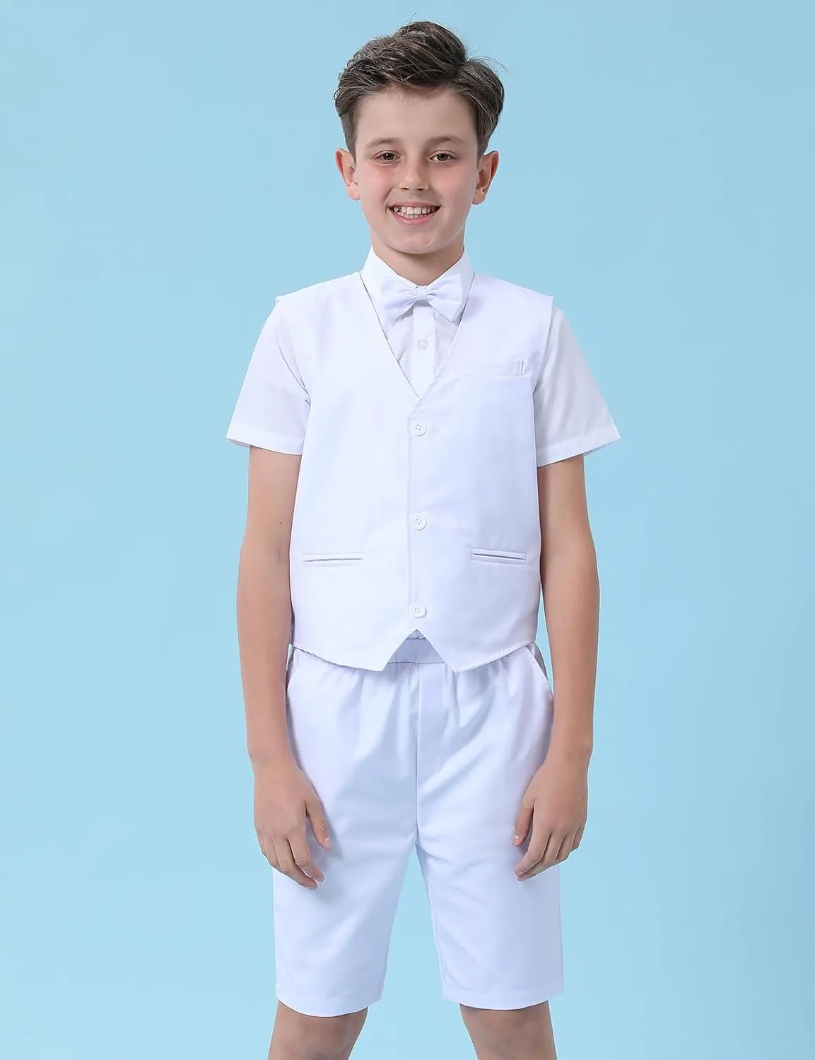 A&J DESIGN Boys Short Suit Set 3 Pieces Kids Formal Gentleman Outfit, 4-11 Years, Shirt   Vest   Shorts   Bow Tie
