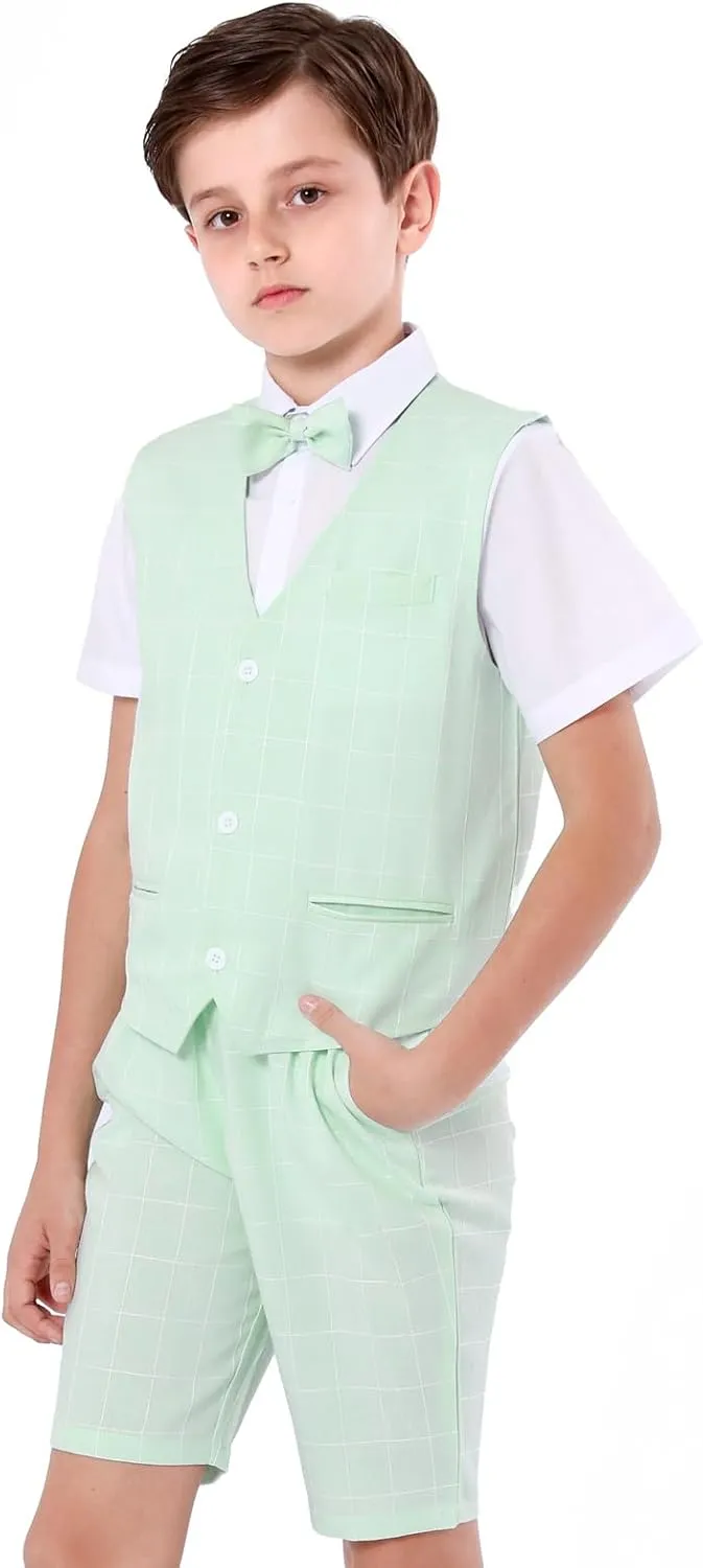 A&J DESIGN Boys Short Suit Set 3 Pieces Kids Formal Gentleman Outfit, 4-11 Years, Shirt   Vest   Shorts   Bow Tie