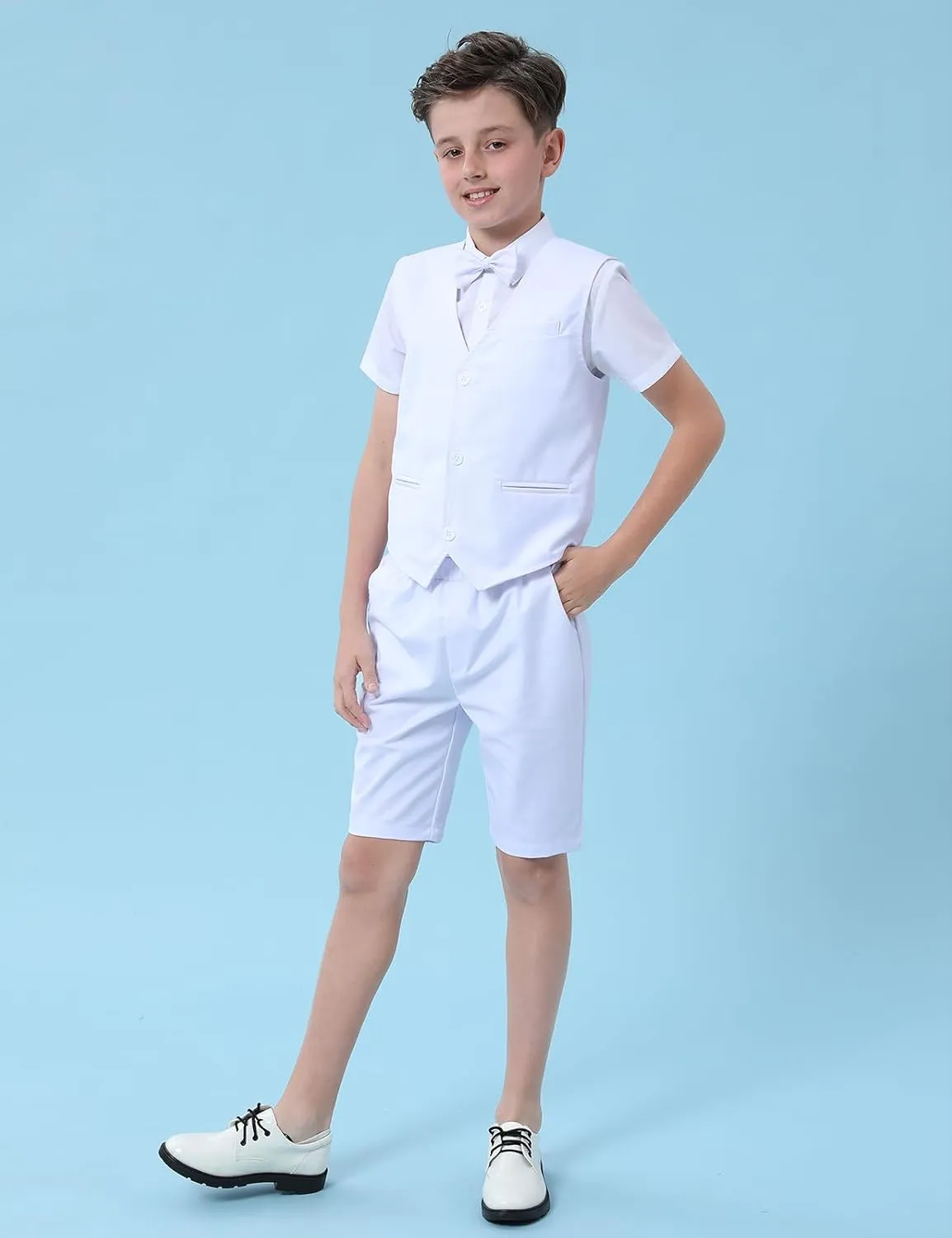 A&J DESIGN Boys Short Suit Set 3 Pieces Kids Formal Gentleman Outfit, 4-11 Years, Shirt   Vest   Shorts   Bow Tie