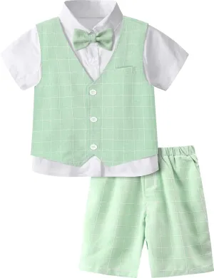 A&J DESIGN Boys Short Suit Set 3 Pieces Kids Formal Gentleman Outfit, 4-11 Years, Shirt   Vest   Shorts   Bow Tie