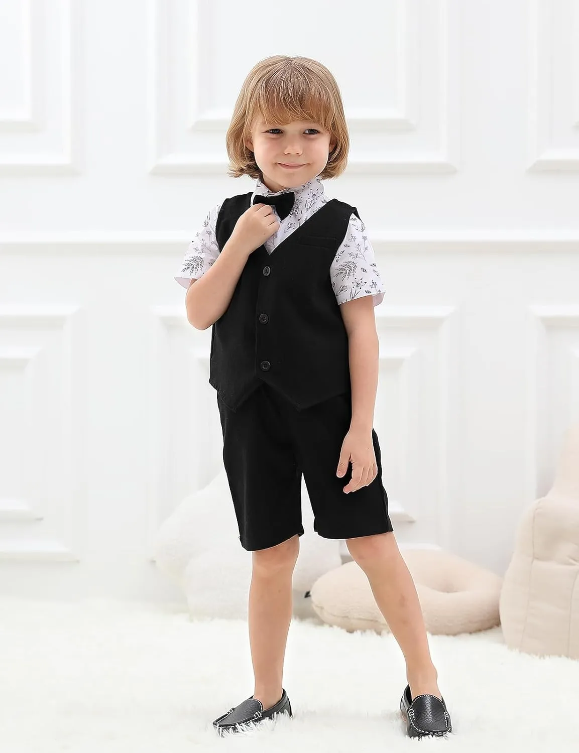 A&J DESIGN Toddler Suit, Gentleman Outfit for boys, 3pcs Clothes Set Shirt & Vest & Shorts with Bowtie