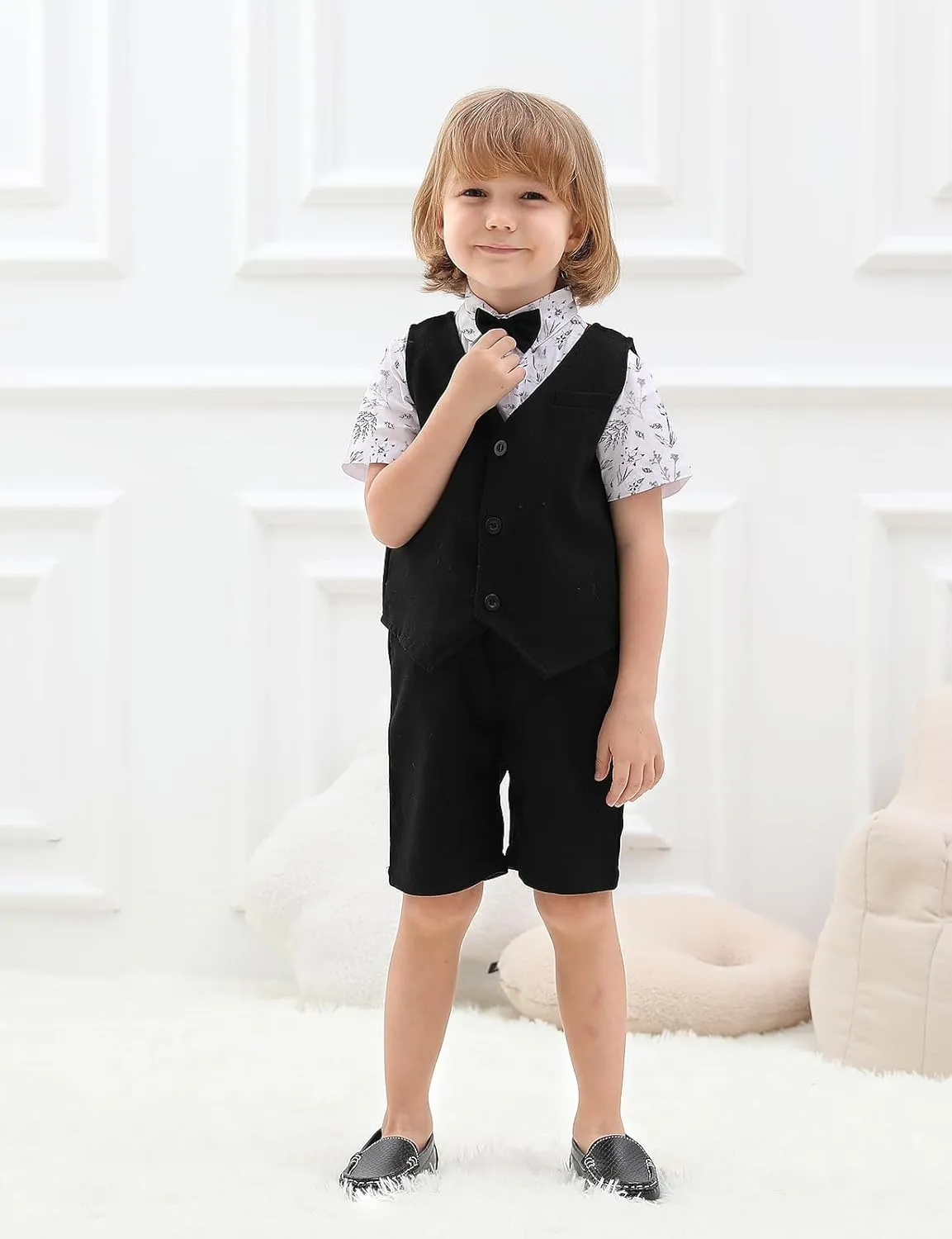 A&J DESIGN Toddler Suit, Gentleman Outfit for boys, 3pcs Clothes Set Shirt & Vest & Shorts with Bowtie