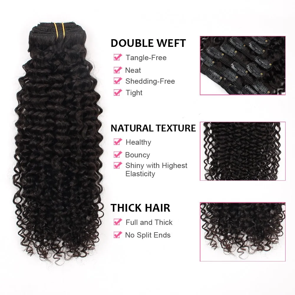 ABH AMAZINGBEAUTY HAIR Jerry Curly Clip in Hair Extensions Real Human Hair 3B 3C Double Wefts Curly Clip ins for African Americans 120g 7 Pieces 17 Clips 120 Grams, Natural Black 22 Inch