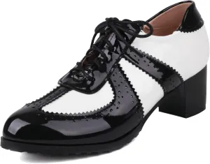 Agodor Qxford Heels Shoes for Women PU Leather Square Toe Oxfords Wingtip Lace up Mid Heel Pumps Shoes