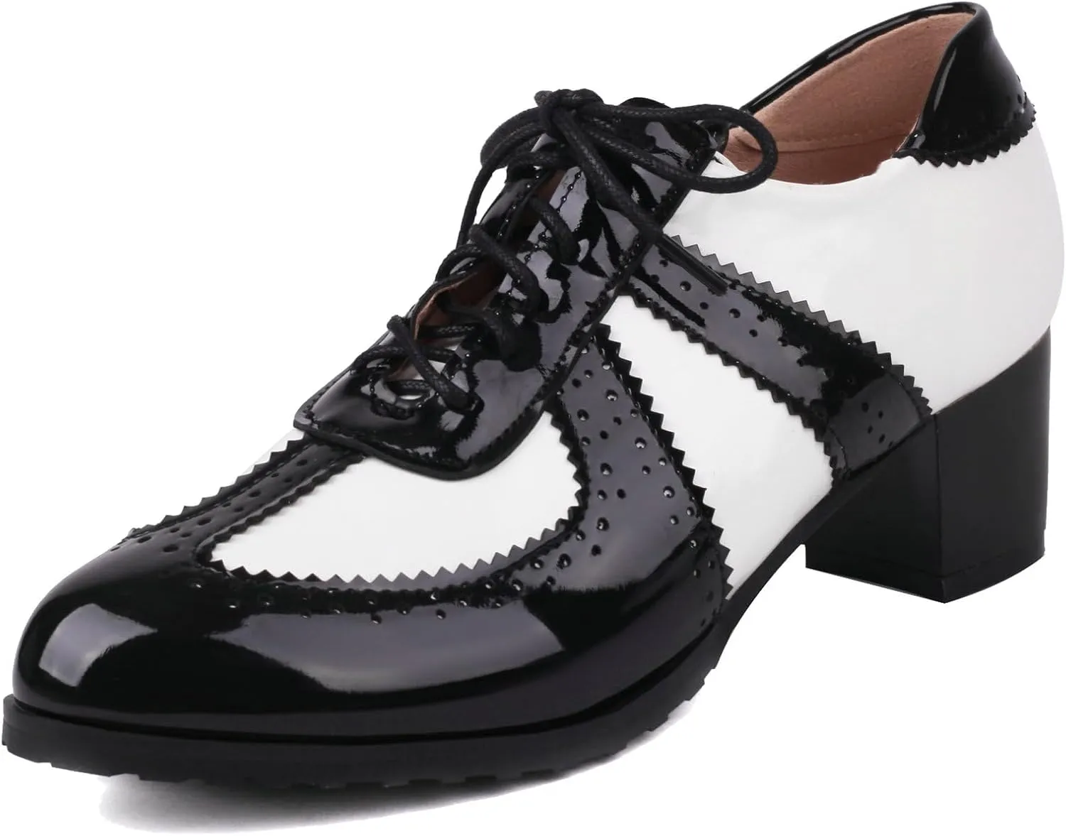 Agodor Qxford Heels Shoes for Women PU Leather Square Toe Oxfords Wingtip Lace up Mid Heel Pumps Shoes