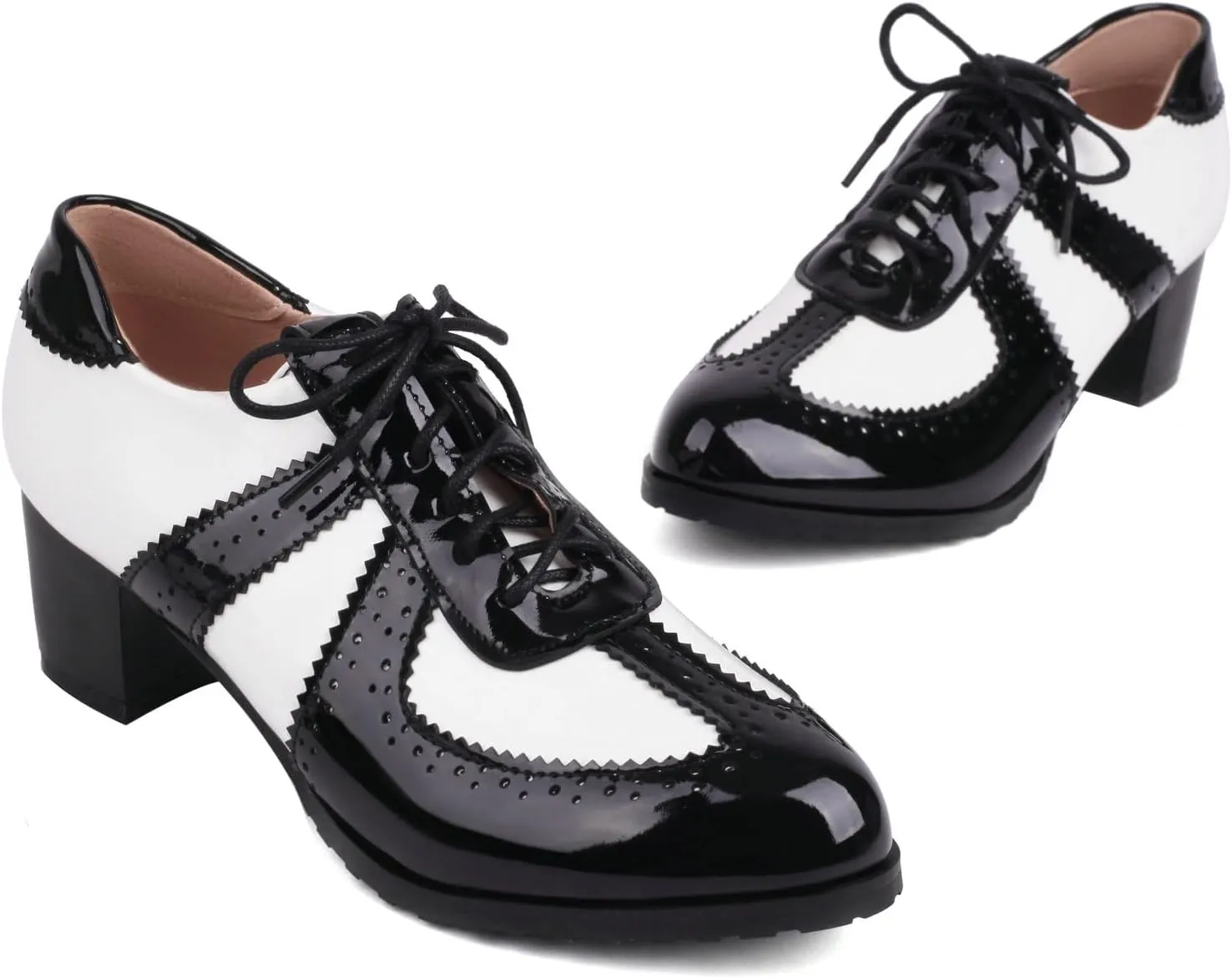 Agodor Qxford Heels Shoes for Women PU Leather Square Toe Oxfords Wingtip Lace up Mid Heel Pumps Shoes