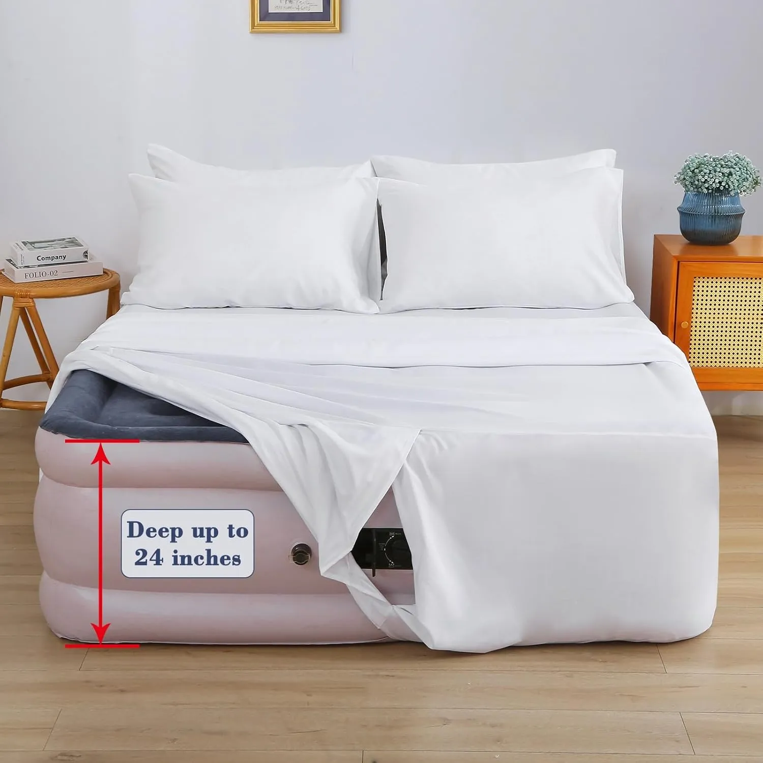 Air Mattress Sheet Set for 16-24 Inch Air Beds Queen Size,Deep Pocket Fitted Sheet with Inflation Opening,Soft & Breathable, for Guests, Camping, RVs, Includes Pillowcase Flat Sheet Fitted Sheet,White