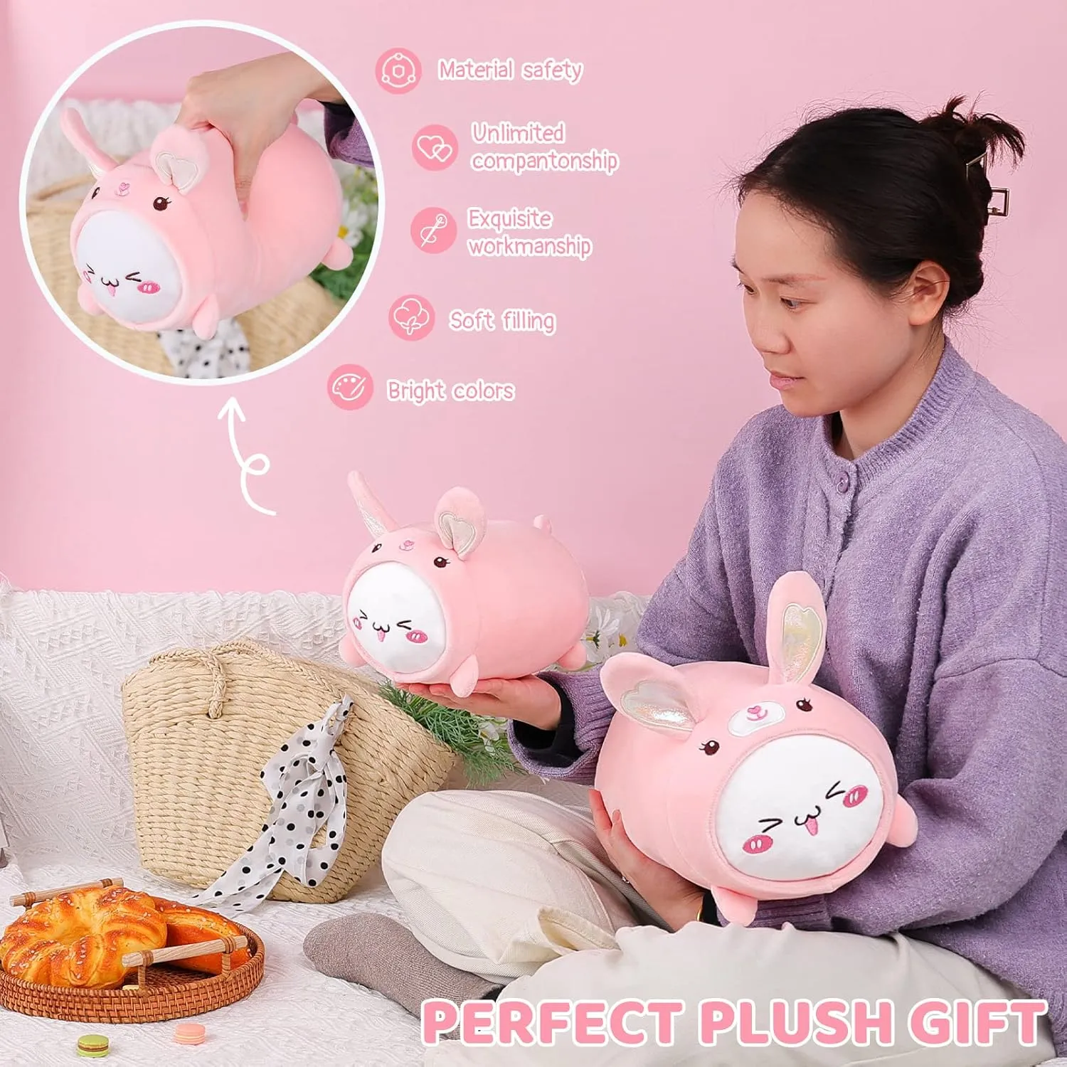AIXINI Cute Cat Rabbit Plush Pillow 15.7” Kitten Bunny Stuffed Animal, Soft Kawaii Cat Plushie with Rabbit Outfit Costume, Hugging Plush Squishy Pillow Toy Gifts for Kids