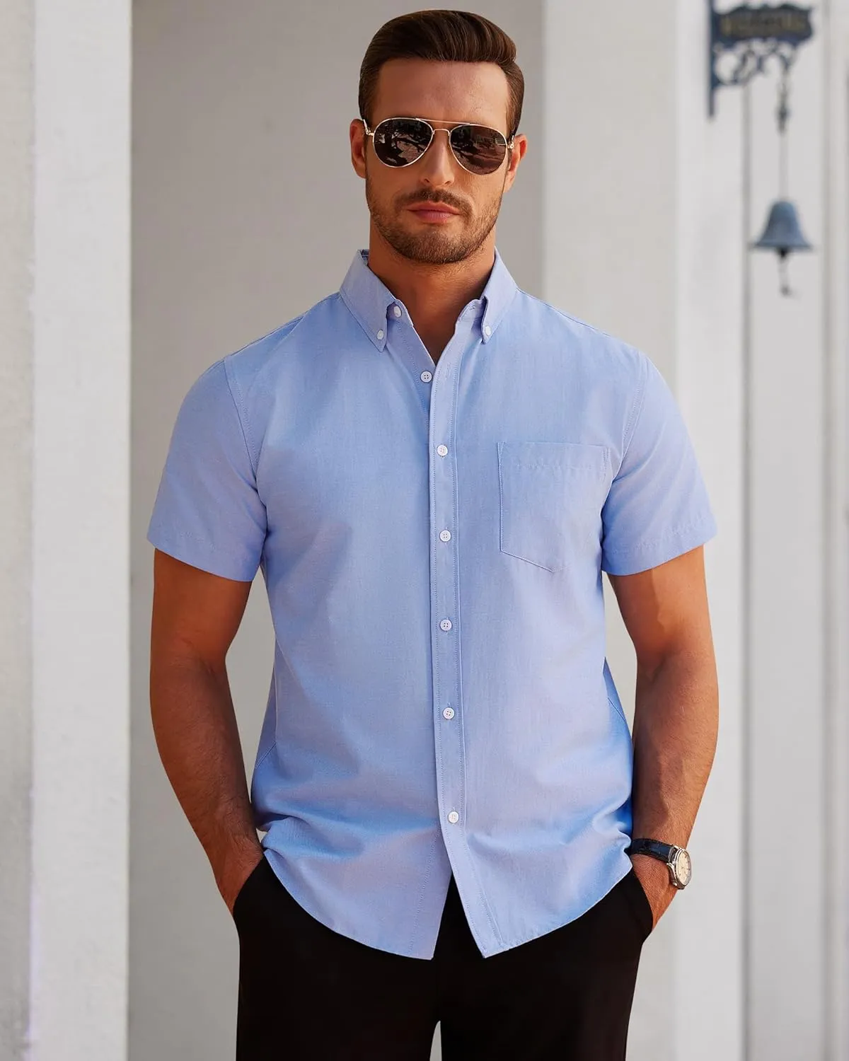 Alimens & Gentle Men's Short Sleeve Oxford Shirt Regular Fit Button Down Collar Shirts with Pocket