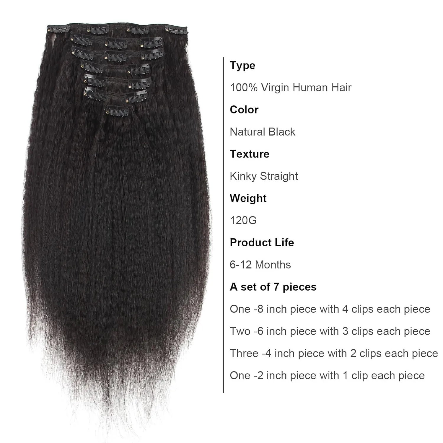 AmazingBeauty Afro Kinky Straight Clip in Hair Extensions 8A Grade Thick 100% Remy Hair Natural Black 7 Pieces with 17 Clips 120g/4.2oz per Set Fit For Full Head 16 Inch