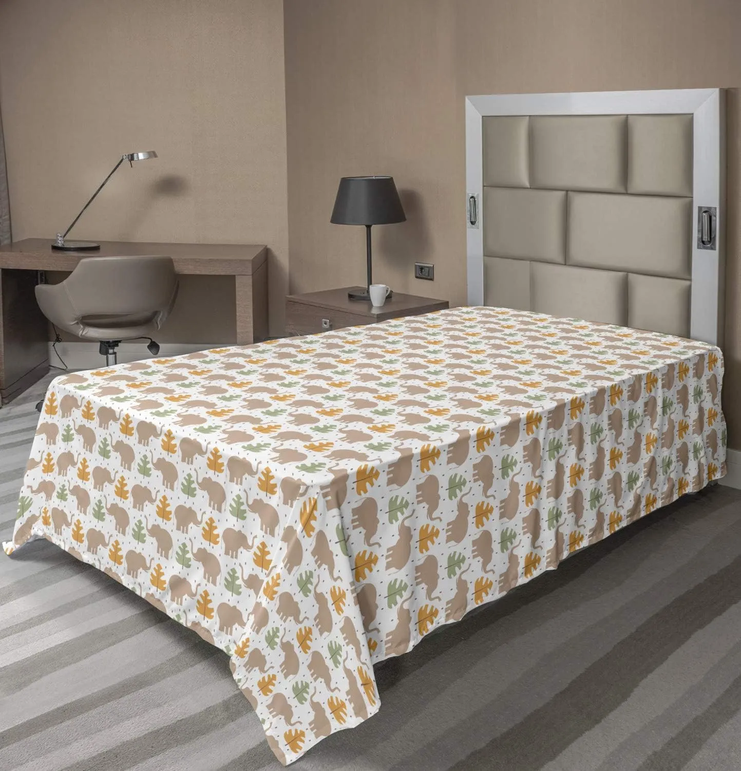 Ambesonne Elephant Flat Sheet, Tropical Mammals and Monstera Leaves Exotic Jungle Animals Zoo Boho, Soft Comfortable Top Sheet Decorative Bedding 1 Piece, Twin Size, Pale Salmon and Marigold
