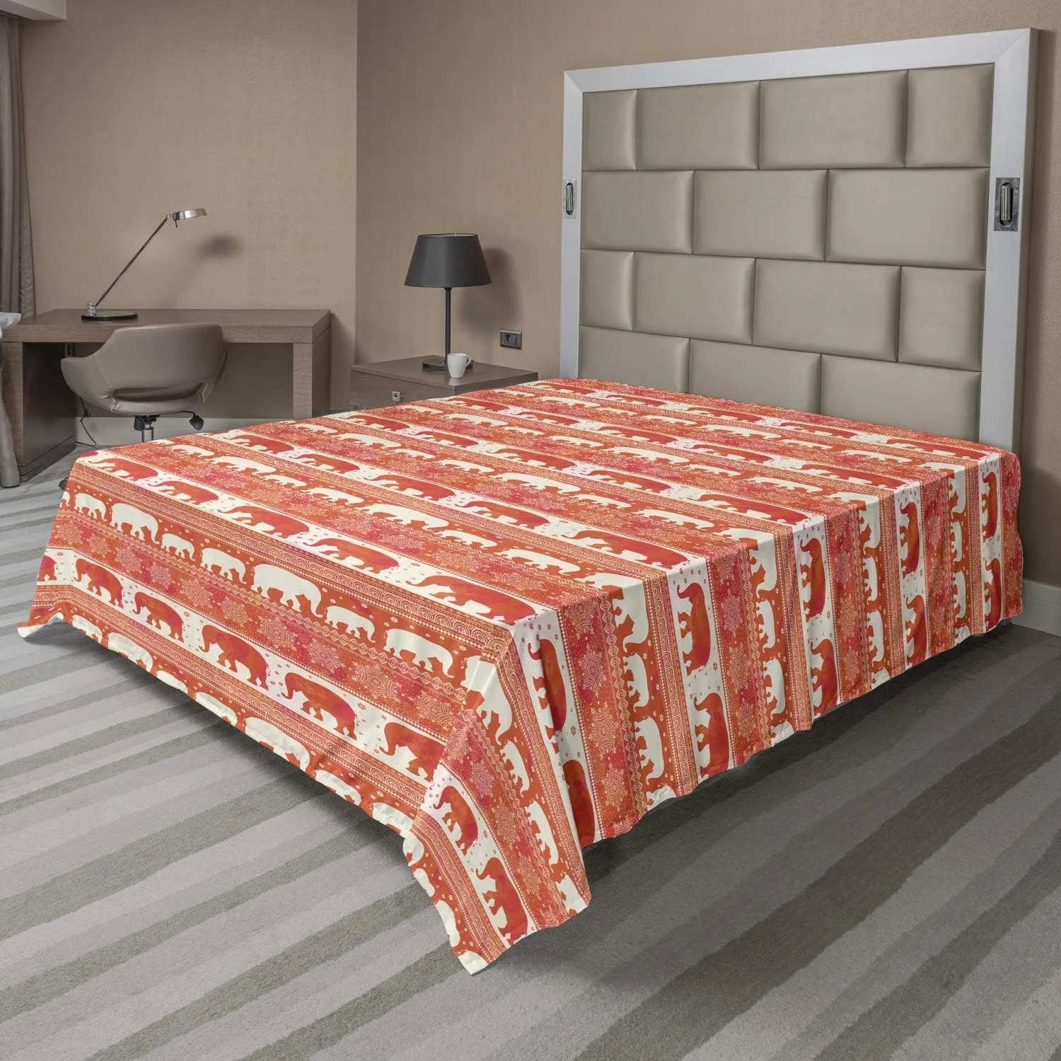 Ambesonne Oriental Flat Sheet, Hand Drawn Traditional Elephant Silhouettes and Motifs, Soft Comfortable Top Sheet Decorative Bedding 1 Piece, King Size, Dark Coral Vermilion