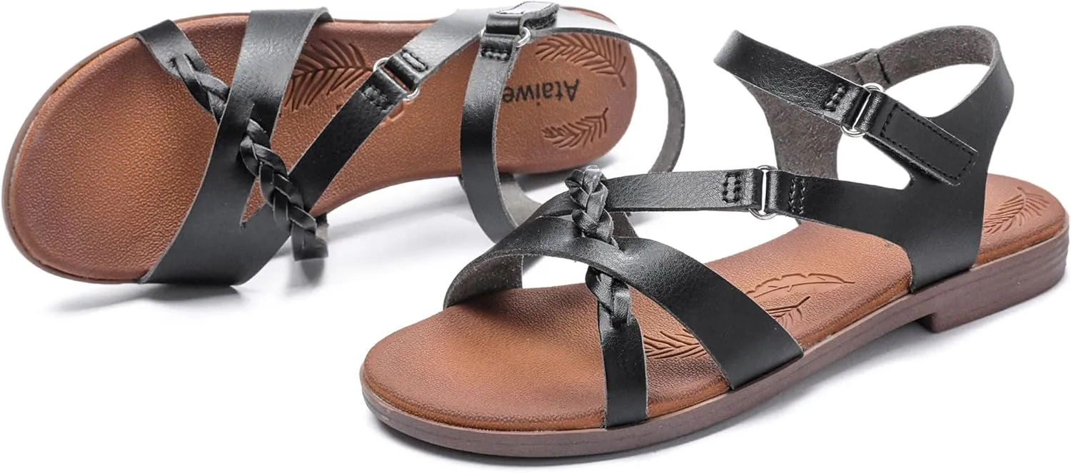 Ataiwee Women's Flat Slide Sandals - Fashion Slip On Flat Summer Shoes.
