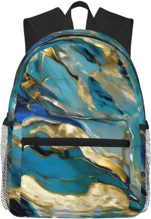 Azurite Teal and Foil Gold Oil Marble Pattern Backpack Large Sports Bag, Best for Basketball, Soccer, Volleyball, Swim, Gym, Travel