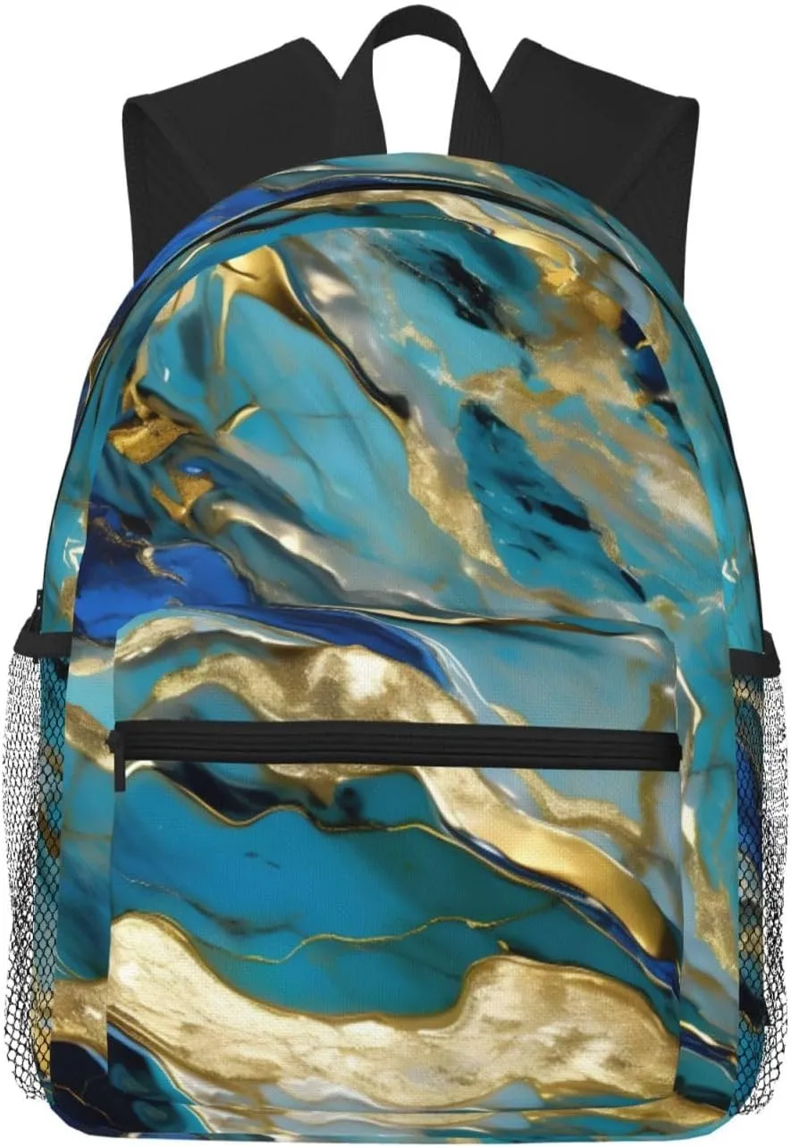 Azurite Teal and Foil Gold Oil Marble Pattern Backpack Large Sports Bag, Best for Basketball, Soccer, Volleyball, Swim, Gym, Travel