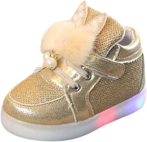 Baby Flat Shoes Toddler Girls Fall Winter LED Luminous Boots Shoes Bunny Ears Sneaker Warm Anti-Slip Single Shoes